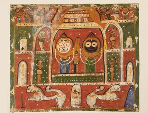 Puri'deki tapınaktaki Jagannatha Trio by Indian School