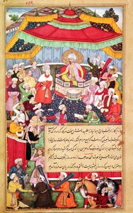 Kral, saray mensuplarıyla çevrili tahtında, Baburnama
