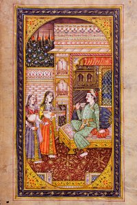 İki hizmetçi kız, zengin bir şekilde dekore edilmiş bir odada soylu bir adama içecek servisi yapıyor, Rajasthani minyatür tablosu by Indian School