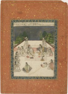 Bir terasta oturan iki kadın, etrafı görevliler ve müzisyenlerle çevrili, c.1650 (kağıt üzerinde opak wc ve altın rengi) by Indian School