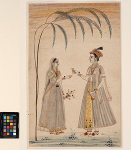 Bir ağacın altında iki kadın, c.1750 (kağıt üzerinde opak suluboya ve altın) by Indian School