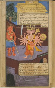 Vol.2 fol.305 Ravana, Valis sarayında korkunç bir kapı muhafızıyla karşılaşır (opak suluboya, mürekkep ve kağıt üzerine altın) by Indian School