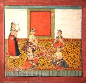 Parcheesi oynayan kadınlar, sarı desenli zemin üzerine oturmuş, c.1725 (kağıt üzerinde opak wc ve altın rengi) by Indian School