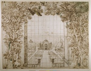 Bir bahçe ve asil bir villa (kağıt üzerine kalem ve mürekkep)