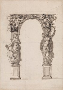 Putti ve Alegorik Müzik ve Savaş Figürleri ile Süslenmiş Geçici Bir Kemer Tasarımı by Inigo Jones