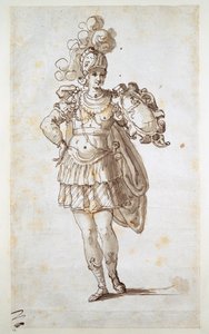 Bir kalkan taşıyan şövalye veya yaver (kağıt üzerinde kalem ve mürekkep) by Inigo Jones