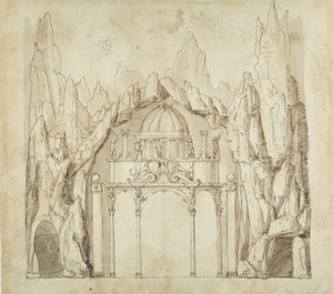 Mağaradaki saray, c.1611 (kağıt üzerine kalem ve mürekkep) by Inigo Jones