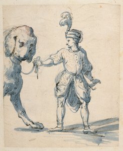 Polonyalı cüce bir köpeğe liderlik ediyor (kalem ve mürekkep ve kağıt üzerinde yıkama) by Inigo Jones