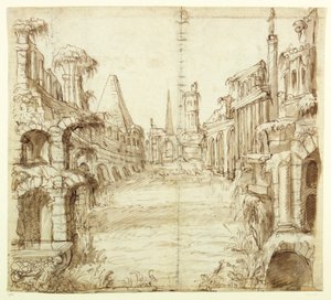 Düşmüş Şövalyelik Evi, c.1610 (kağıt üzerine kalem ve mürekkep) by Inigo Jones