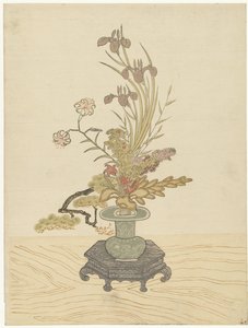 Yeşil vazoda ikebana çiçek aranjmanı by Ippitsusai Bunchô (manner of)
