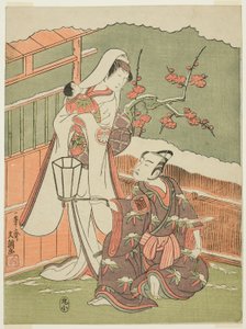 Aktörler Arashi Sangorô II, Minamoto no Yoritomo ve Segawa Kikunojô II, “Izu'nun Pamuklu Vatkasını Korumak Evlilik Krizantemlerini Korumak” (“Myôtogiku Izu no Kisewata”) filminde Kar Kadını olarak by Ippitsusai Bunchō