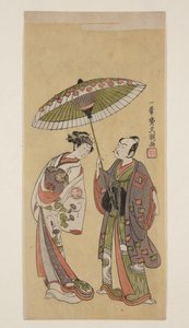 Aktörler Ichikawa Yaoz? II olarak Soga no J?r? ve Segawa Kikunoj? II olarak ?iso no Tora (renkli tahta baskı) by Ippitsusai Bunchō