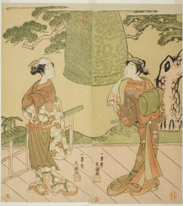 Aktörler Ichimura Uzaemon IX Shume no Hangan Morihisa (sağda) ve Sanogawa Ichimatsu II Chujo olarak (solda), Play Edo no Hana Wakayagi Soga, Ichimura Tiyatrosu
