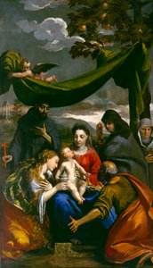 Bakire ve Çocuk, Aziz Mary Magdalene, Peter, Clare, Francis ve bir Abbess ile, c.1600