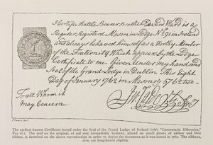 1762 tarihli İrlanda Büyük Locası Mührü altında verilen bilinen en eski Sertifikanın tıpkıbasımı by Irish School