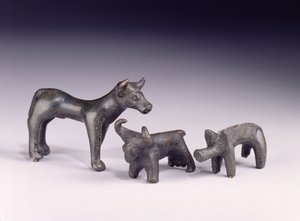 Two bulls, from Hungary and a boar, from Gower Cave, Rhossilly, South Wales, Iron Age (bronze)