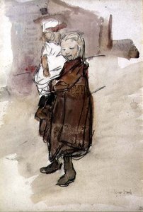 Kız ve Çocuk (kağıt üzerine sulu boya) by Isaac Israels
