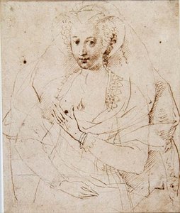 Resmi adı Lucy Harrington, Bedford Kontesi olan Meçhul Bir Hanımın Portresi, minyatür için bir eskiz (No.3902) c.1605 (kalem ve mürekkep, kağıt üzerinde tebeşir) (ayrıca bkz. 58811) by Isaac Oliver