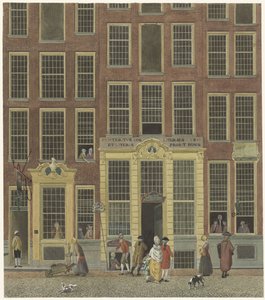 Jan de Groot'un Amsterdam'daki Kalverstraat'taki kitapçı ve piyango ofisi
