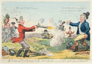Hiçbir Cinayeti Öldürme veya Ulusun işlerini halletmenin Yeni bir Bakanlık yolu!, 1809 (renkli gravür) by Isaac Robert Cruikshank