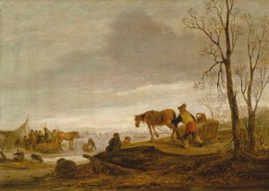 Donmuş bir nehir üzerinde figürlerin yer aldığı bir kış manzarası by Isaac van Ostade