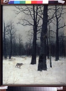 Kışın Orman. Bir kurt ile karda siyah, çıplak ağaçlar. Isaak Ilyich Levitan (1860-1900), tuval üzerine yağlı boya tablosu