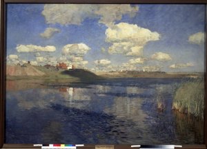 Göl. Sazlıklarla çevrili gölün, kıyılarında, bir köyün ve ekili alanların genişliğinin görünümü. Tablo Isaac (Isaak) Ilyich Levitan (1860-1900), tuval üzerine yağlı boya by Isaak Ilyich Levitan