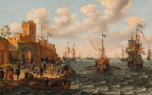 Bir Hollandalı Üç Usta ve Bir Papalık Kadırgası, Müstahkem Bir Kasabanın Sahili Boyunca Diğer Gemilerle, c.1662 (panelde yağ) by Isaak Willaerts