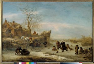 Isaak Van Ostade (1621-1649) tarafından çift patenle kanal jeli. 17. yüzyıl Güneşi. 1x1.49 m