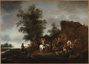 Nehir kenarındaki bir tavernada kendilerini yenileyen gezginler, 1664