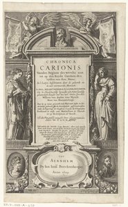 P. Melanchthon tarafından yazılan Chronica Carionis için başlık sayfası Dünyanın başlangıcından Chronica Carionis aen tot den Keyser Carolum (nesne üzerindeki başlık) by Isaeck van Aelst