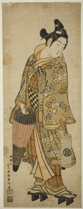 Aktör Sanogawa Ichimatsu I, elinde şemsiye ve fener tutan genç bir adam olarak by Ishikawa Toyonobu