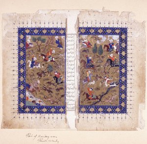 15. yüzyılın sonlarında av sahnelerini betimleyen bir bifolyo by Islamic School