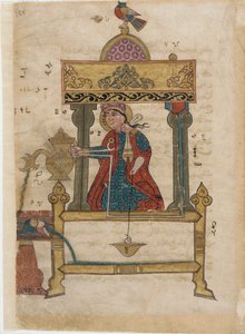 Yıkama mekanizmalı el yıkama otomatı, The Book of Ingenious Mechanical Devices; Al-Djazari, 1315 (kağıt üzerinde opak wc, mürekkep ve altın) by Islamic School