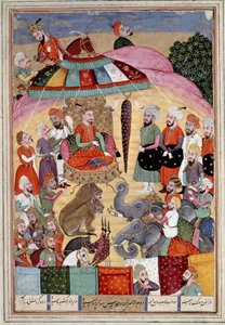 İslam Sanatı: “” Sohrab (Sahrab) kralın çadırının önünde”” Firdevsi (Firdevsi veya Ferdawsi) tarafından yazılan “” Shahnameh” (Şahname, Shahnama) (Krallar Kitabı) destansı şiirinin bir el yazmasından Farsça minyatür, veya Firdousi, yaklaşık 940-1020 civarı by Islamic School