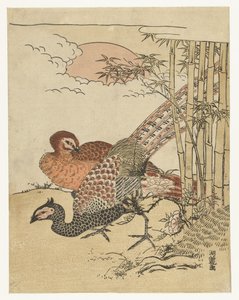 Bambu ve yükselen güneş, sülün çift by Isoda Koryusai