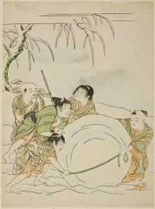 Büyük Bir Kartopu Yuvarlayan Beş Genç Erkek by Isoda Koryusai