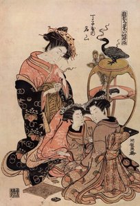 Bir fincan çay içen kimonolu Japon fahişe by Isoda Koryusai