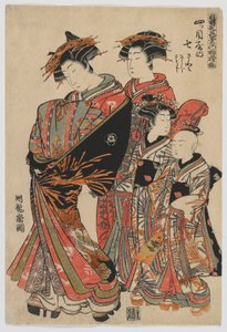 Moda Modelleri: Taze Genç Yapraklar Olarak Yeni Tasarımlar: Yardımcıları Nanaji ve Satoji ile Yotsumeya'nın Fahişe Nanasato'su, Edo dönemi, 1778-80 (renkli tahta baskı)