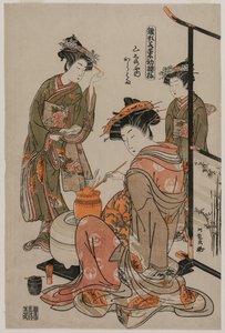Çay Seremonisini Gerçekleştiren Yamashiroya'lı Nezaket Karahama (Moda Modelleri: Genç Yapraklar Kadar Taze Yeni Tasarımlar serisinden) by Isoda Koryusai
