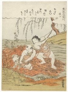 İki çocuk nehirdeki bir saldan hagi (yaprak dalları) topluyor. by Isoda Koryusai