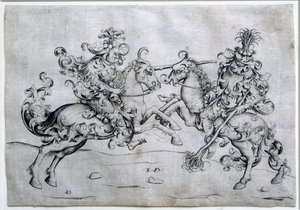 Oynayan iki binici. At sırtında iki adamın oyunu. İsrail Van Meckenem (yaklaşık 1440-1503) tarafından çizim. Louvre müzesi by Israhel van the younger Meckenem