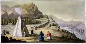 Dağdan İnen Ren Geyiği Sürüsü ile Bir Laplander Kulübesi veya Sekizgen Çadır, 