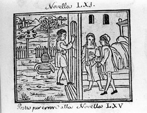 Bir çift kapılarını çalmak istiyor. İtalyan yazar Giovanni Boccaccio dit Jean Boccaccio'nun (1313-1375) “Decameron” kitabının 61. haberi (7. günün 1. haberi) için illüstrasyon. Gravür “” Decamerone ouer Cento nouelle” Venedik, Bartolomeo de 'Zan by Italian School