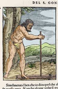 Yerli bir adam iki odun parçasını birbirine sürterek ateş yakıyor. Giovanni Battista Ramusio (1485-1557), vol. III, Venedik 1565. by Italian School