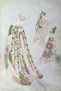 Uzun palto giyen bir kadın ve iki erkek, c.1450 (kağıt üzerine mürekkep ve sulu boya) by Italian School