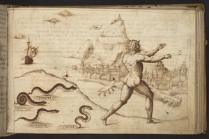 Ekle. 82955, f.133   İnsan figürü peşinde koşan yılanlar.  , Historia Animalium