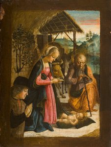 Bağışçı portresi ile Çocuğa Tapınma, c.1500 (panelde mizaç) by Italian School