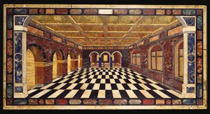 Uzaklaşan kemerli bir galerinin iç sahnesini betimleyen bir İtalyan pietre dure kakma mermer masa üstü by Italian School