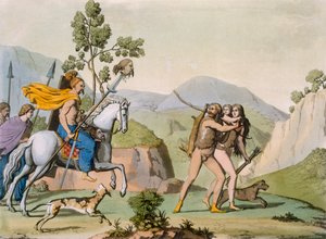 Bir akındaki antik Kelt savaşçıları, avlanmaya çıkan bir çiftle karşılaşırlar, c.1800-18 (renkli gravür) by Italian School